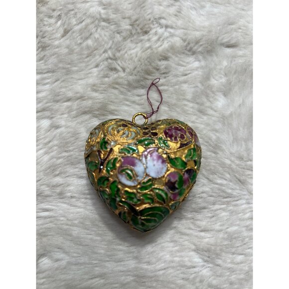 Vintage Cloisonné Heart Shaped Ornament With Floral Design - Picture 1 of 4